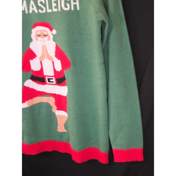 Norther Pole Womens Green Namasleigh Yoga Santa Ugly Christmas Sweater Size S - Picture 2 of 6